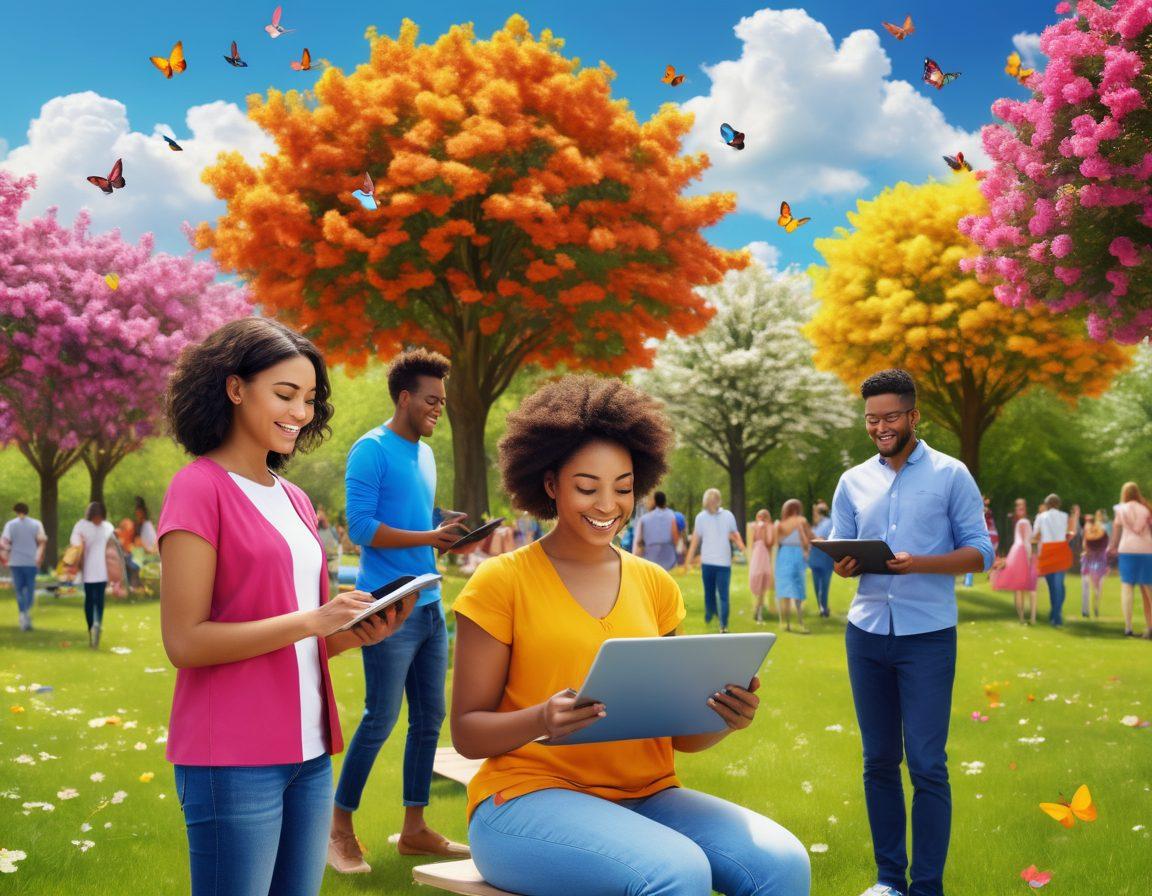A joyful scene depicting people of diverse backgrounds happily exchanging files using colorful devices like tablets and laptops in a bright, sunny park. Surround them with blossoming flowers and butterflies symbolizing ease and happiness in sharing. Include cheerful icons of cloud storage and digital connections floating in the air. super-realistic. vibrant colors. bright background.