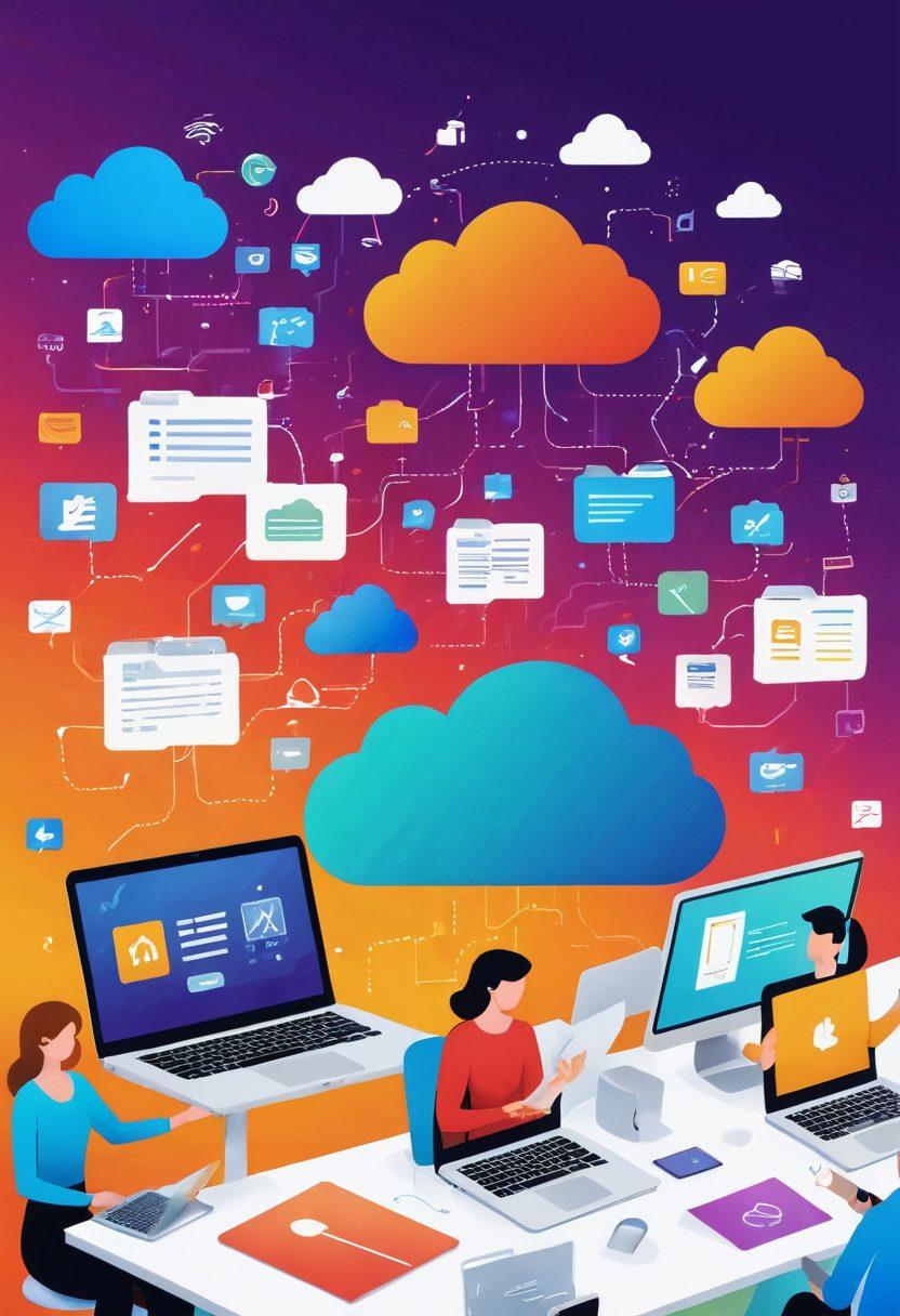 A vibrant, cheerful digital workspace featuring a diverse group of people happily sharing files on their laptops and devices, surrounded by colorful icons representing various file formats (like documents, images, and videos) floating around them. Bright, uplifting colors create an optimistic atmosphere, illustrating ease and joy in file sharing. In the background, a cloud symbolizes cloud storage growth and connectivity. cartoon style, bright colors, cheerful ambiance.