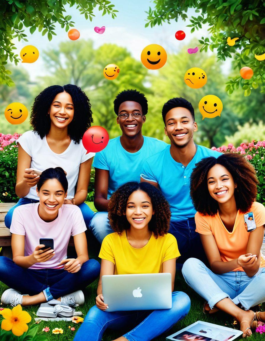 A cheerful scene depicting a diverse group of friends sharing joyful moments through various digital devices, like smartphones and laptops. Visual elements include colorful emojis floating around them, symbolizing connections and happiness. The backdrop features a sunlit park with blooming flowers, emphasizing a warm and inviting atmosphere. The overall vibe is playful and engaging, showcasing the ease of content sharing. vibrant colors. super-realistic.